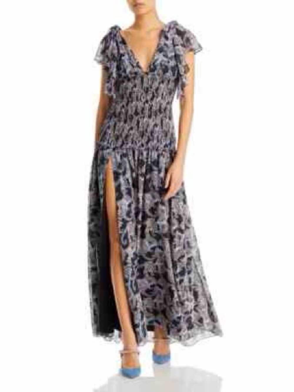 Cinq a Sept Raven Multi Floral Maxi Dress with Deep V-Neck and High Slit